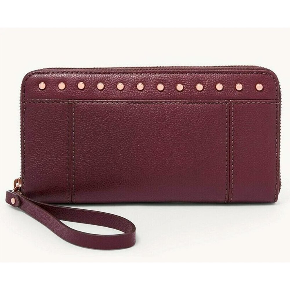 S Fossil Jori RFID Zip Clutch Purple Fig Leather Wristlet SWL2215503 Studs NWT